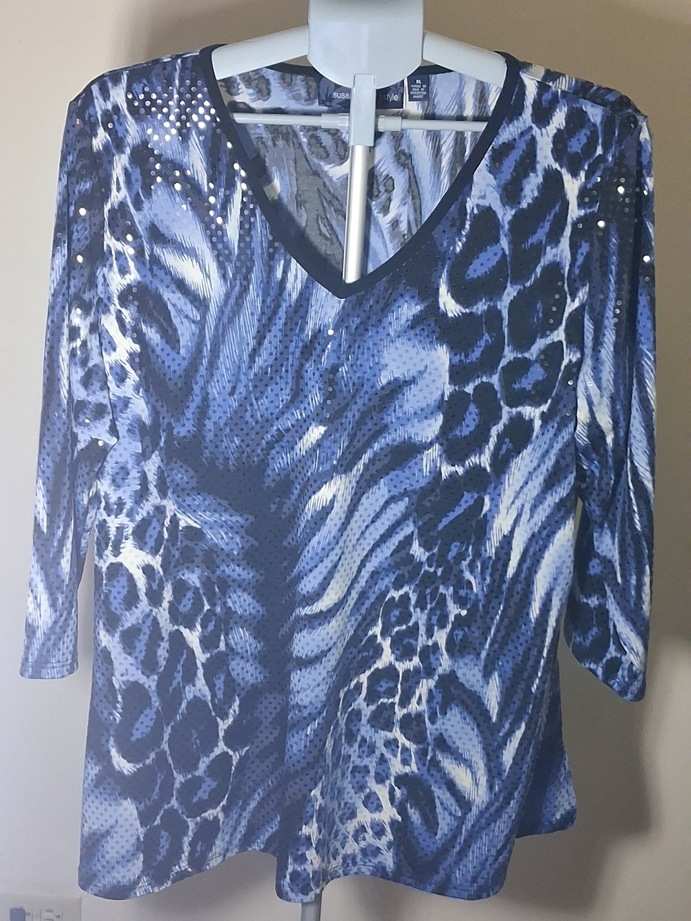 Susan Graver Blue Animal Print V-Neck Tunic